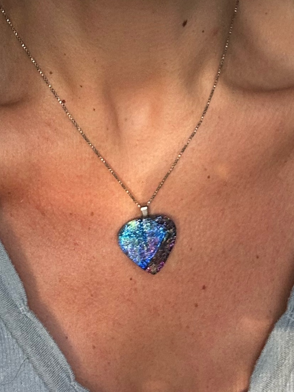 Vintage Sterling Silver Iridescent Sea Glass Heart Necklace